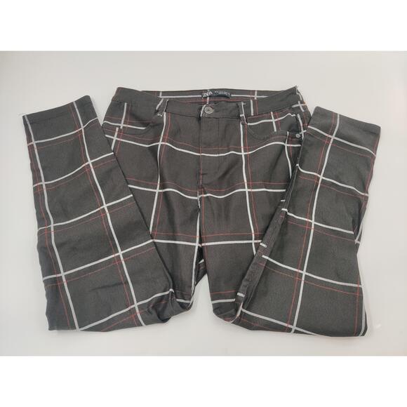 Zara Trousers Womens Size US 34 Black Red Plaid High Rise Slim‎ Fit Tailored - Picture 2 of 11